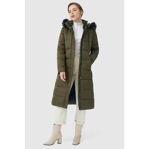 OROLAY Women's L Long Puffer Faux Fur Hood Down Coat Green Winter Quilted $190